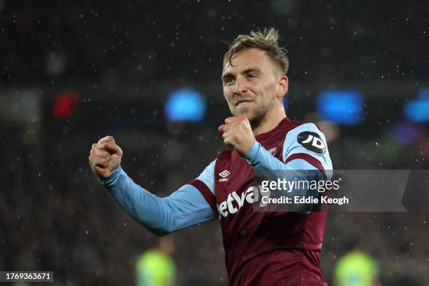 Jarrod Bowen of West Ham United celebrates after scoring their sides third goal during the Carabao Cup Fourth Round match between West Ham United and...