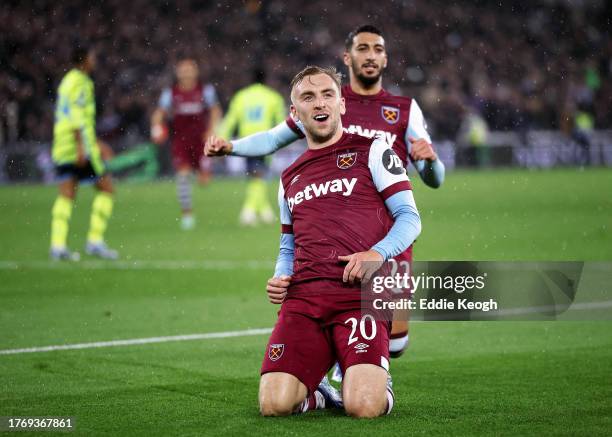 Jarrod Bowen of West Ham United celebrates after scoring their sides third goal during the Carabao Cup Fourth Round match between West Ham United and...