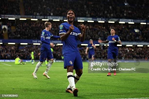 Raheem Sterling of Chelsea celebrates after scoring the team's second goal during the Carabao Cup Fourth Round match between Chelsea and Blackburn...