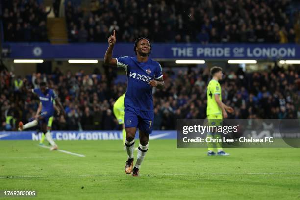Raheem Sterling of Chelsea celebrates after scoring the team's second goal during the Carabao Cup Fourth Round match between Chelsea and Blackburn...
