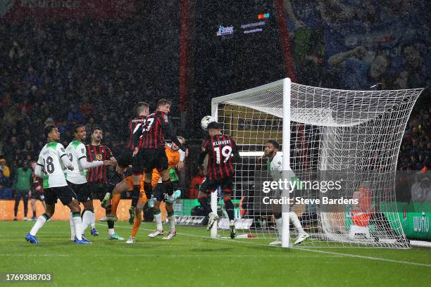 Justin Kluivert of AFC Bournemouth scores the team's first goal during the Carabao Cup Fourth Round match between AFC Bournemouth and Liverpool at...