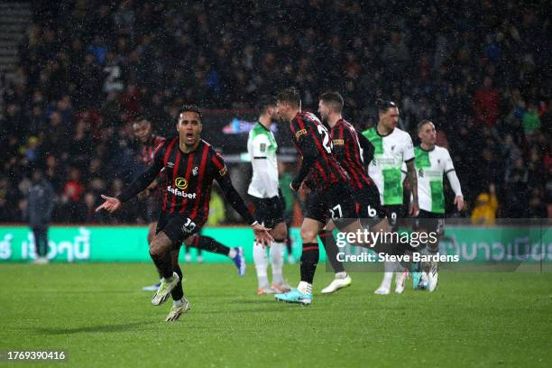 Justin Kluivert of AFC Bournemouth celebrates after scoring the team's first goal during the Carabao Cup Fourth Round match between AFC Bournemouth...