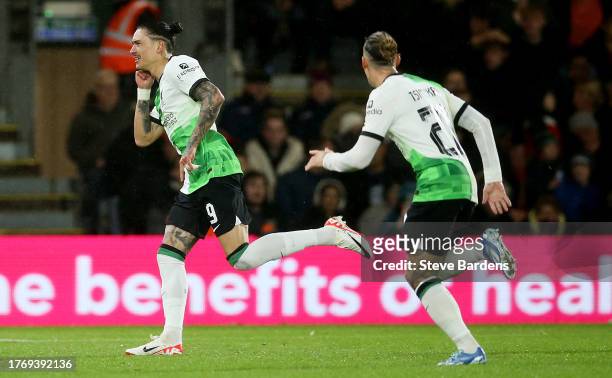 Darwin Nunez of Liverpool celebrates after scoring the team's second goal during the Carabao Cup Fourth Round match between AFC Bournemouth and...