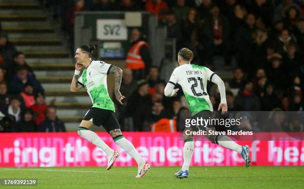 Darwin Nunez of Liverpool celebrates after scoring the team's second goal during the Carabao Cup Fourth Round match between AFC Bournemouth and...