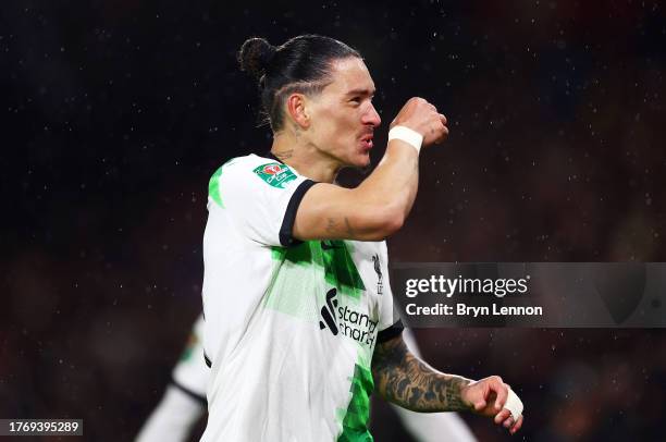 Darwin Nunez of Liverpool celebrates after scoring the team's second goal during the Carabao Cup Fourth Round match between AFC Bournemouth and...