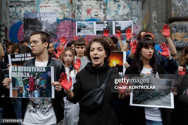 Flash mob of Neapolitan students, outside the premises of the Oriental University of Naples, occupied since yesterday in solidarity with the...