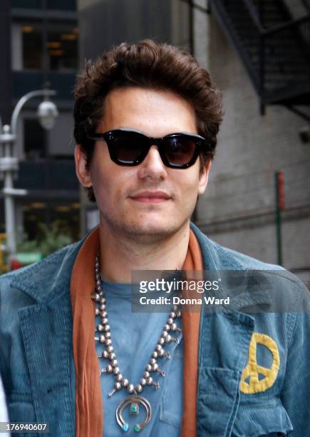 August 19: John Mayer arrives for the "Late Show with David Letterman" at Ed Sullivan Theater on August 19, 2013 in New York City.