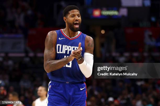 Paul George of the Los Angeles Clippers celebrates a three-point basket during the third quarter against the Orlando Magic at Crypto.com Arena on...