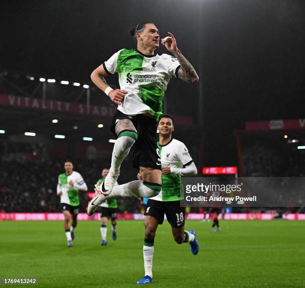 Darwin Nunez of Liverpool celebrates after scoring the second Liverpool goal during the Carabao Cup Fourth Round match between AFC Bournemouth and...