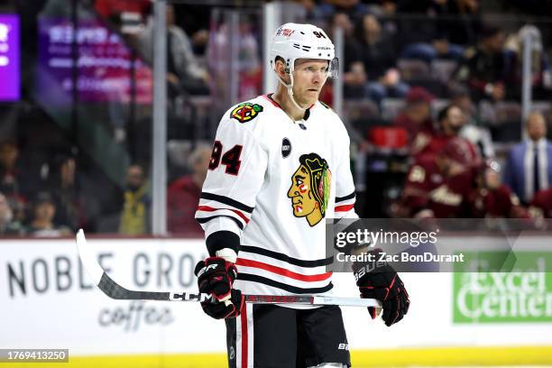 Corey Perry of the Chicago Blackhawks before a faceoff at Mullett Arena on October 30, 2023 in Tempe, Arizona.