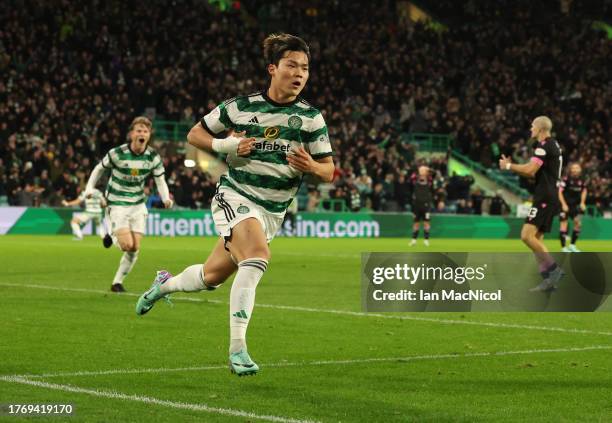 Hyeongyu Oh of Celtic celebrates after he scores his team's second goal during the Cinch Scottish Premiership match between Celtic FC and St. Mirren...