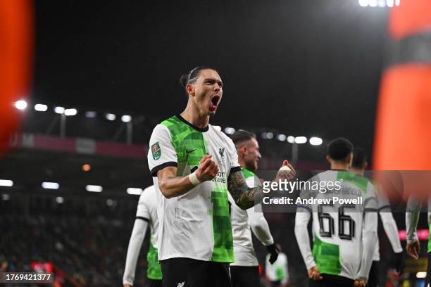 Darwin Nunez of Liverpool celebrates after scoring the second Liverpool goal during the Carabao Cup Fourth Round match between AFC Bournemouth and...