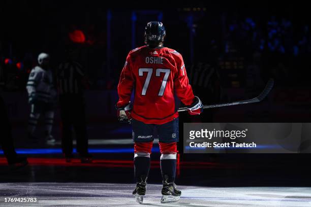Oshie of the Washington Capitals takes the ice before the game against the San Jose Sharks at Capital One Arena on October 29, 2023 in Washington, DC.