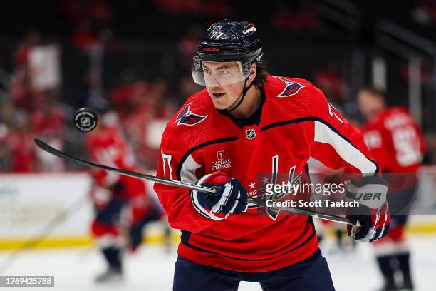 Oshie of the Washington Capitals warms up with a puck before the game against the San Jose Sharks at Capital One Arena on October 29, 2023 in...