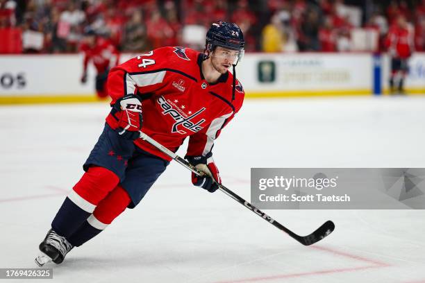 Connor McMichael of the Washington Capitals skates before the game against the San Jose Sharks at Capital One Arena on October 29, 2023 in...