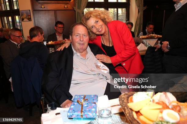 Ottfried Fischer and Michaela May during Ottfried Fischer's 70th birthday party at Augustiner-Keller on November 7, 2023 in Munich, Germany.