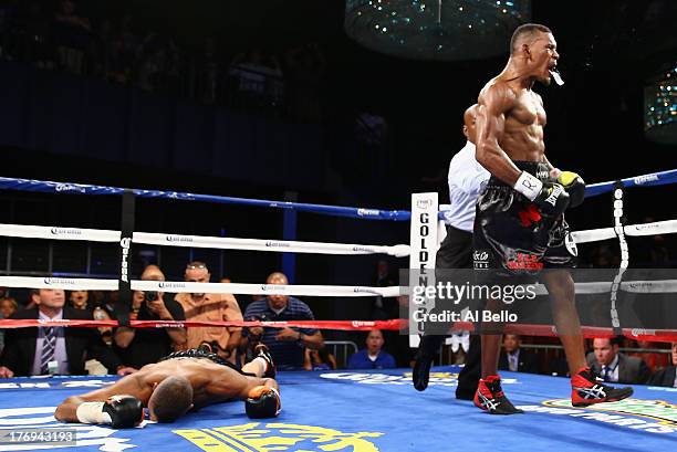 Danny Jacobs knocks out Giovanni Lorenzo in the third round of their Junior Middleweight fight at Best Buy Theater on August 19, 2013 in New York...