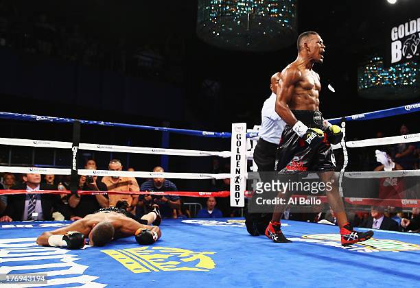 Danny Jacobs knocks out Giovanni Lorenzo in the third round of their Junior Middleweight fight at Best Buy Theater on August 19, 2013 in New York...