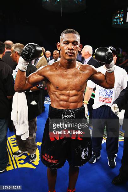 Danny Jacobs celebrates his knock out of Giovanni Lorenzo in the third round of their Junior Middleweight fight at Best Buy Theater on August 19,...
