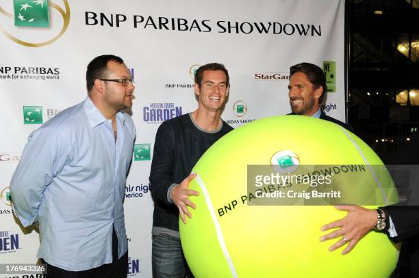 Joba Chamberlain, Andy Murray and Henrik Lundqvist attend the 7th Annual BNP Paribas Showdown Announcement at Local West on August 19, 2013 in New...