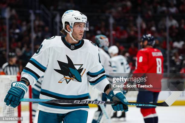 Mike Hoffman of the San Jose Sharks looks on during the second period of the game against the Washington Capitals at Capital One Arena on October 29,...