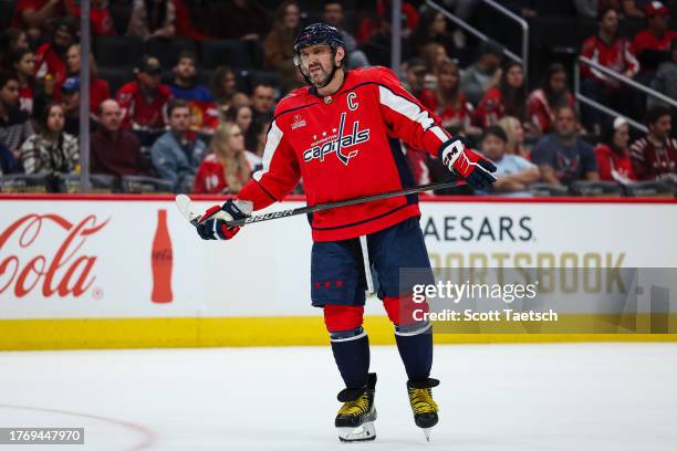 Alex Ovechkin of the Washington Capitals looks on during the first period of the game against the San Jose Sharks at Capital One Arena on October 29,...