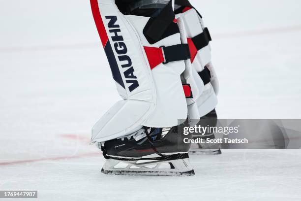 General view of the skates worn by Darcy Kuemper of the Washington Capitals during the first period of the game against the San Jose Sharks at...