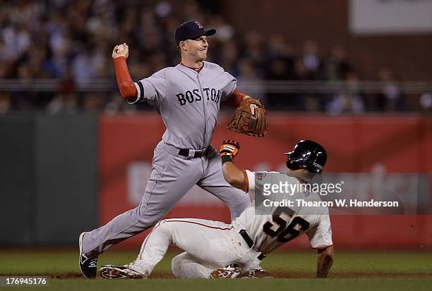Stephen Drew of the Boston Red Sox doesn't get his throw off in time to compete the double-play while avoiding the slide of Andres Torres of the San...