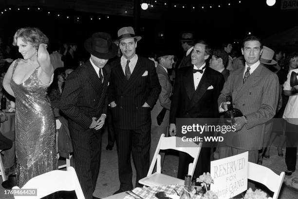 Marilu Henner, Michael Keaton, Joe Piscopo, Michael Hertzberg, and guest attend a party, celebrating production of "Johnny Dangerously," at the 20th...