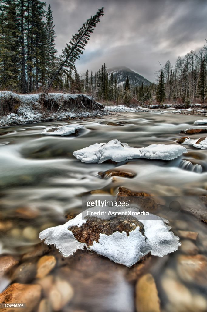 Mountain river flows through winter landscape