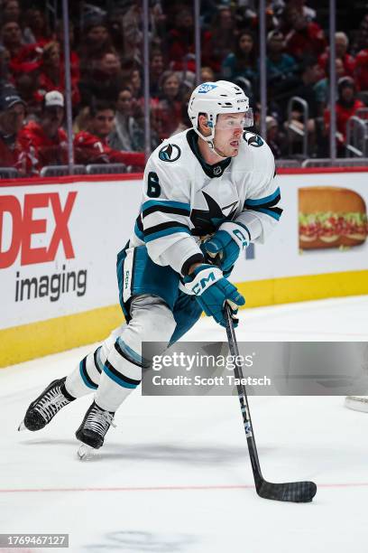 Ty Emberson of the San Jose Sharks skates with the puck against the Washington Capitals during the second period of the game at Capital One Arena on...