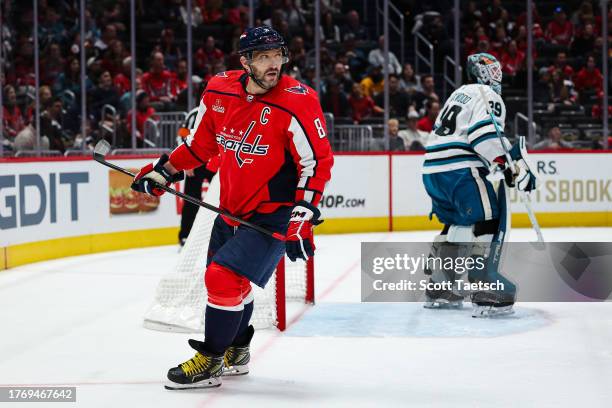 Alex Ovechkin of the Washington Capitals skates during the second period of the game against the San Jose Sharks at Capital One Arena on October 29,...