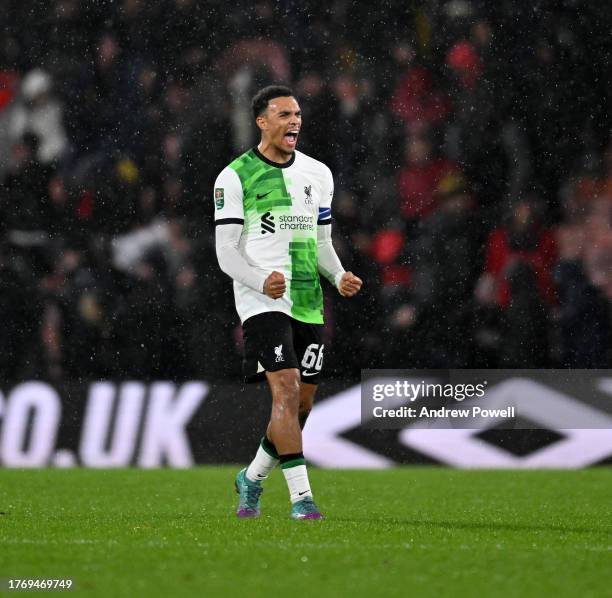 Trent Alexander-Arnold of Liverpool celebrating the win at the end of the Carabao Cup Fourth Round match between AFC Bournemouth and Liverpool at...