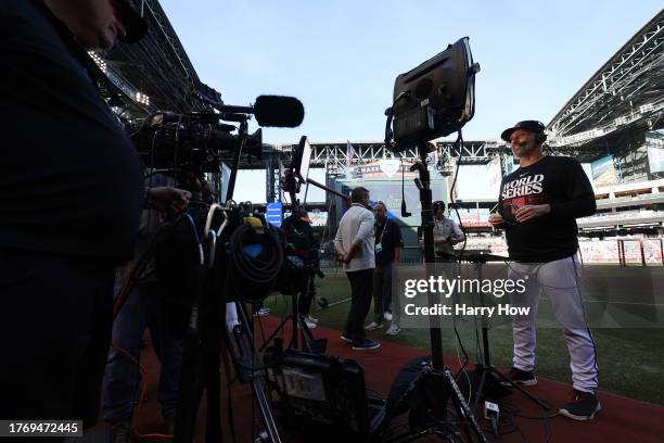 Manager Torey Lovullo of the Arizona Diamondbacks speaks to the media before Game Five of the World Series against the Texas Rangers at Chase Field...