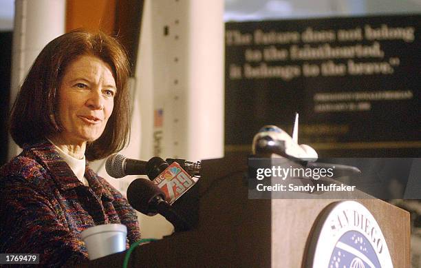 Dr. Sally Ride, the first U.S. Woman to travel into space, speaks to the media at the San Diego Aerospace Museum February 7, 2003 in San Diego,...