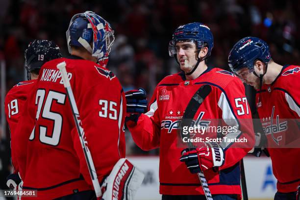 Darcy Kuemper of the Washington Capitals celebrates with Trevor van Riemsdyk after the game against the San Jose Sharks at Capital One Arena on...
