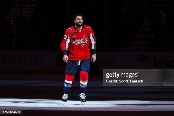 Tom Wilson of the Washington Capitals looks on after the game against the San Jose Sharks at Capital One Arena on October 29, 2023 in Washington, DC.