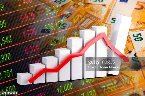 economy graph: downward arrow, cash euro bills and stock market indicators - reduce stock pictures, royalty-free photos & images