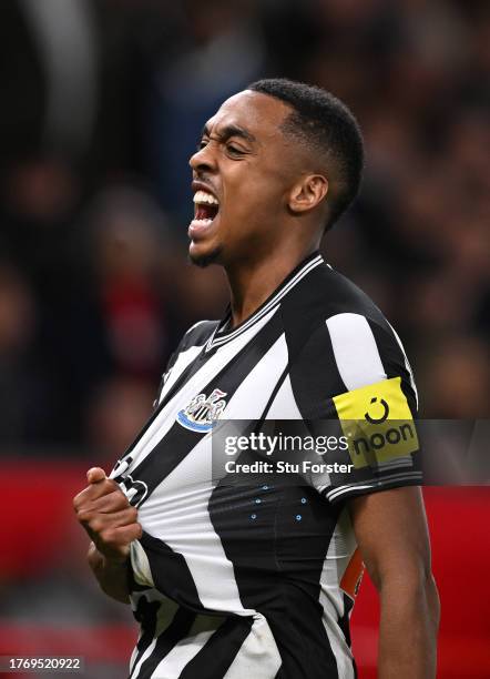 Newcastle United player Joe Willock celebrates after scoring the third Newcastle goal during the Carabao Cup Fourth Round match between Manchester...