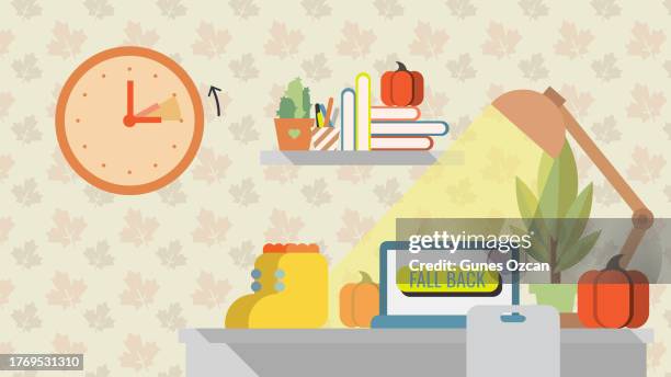 fall back - daylight saving time ends - wall clock - fall scene - indoors - room - reminder - pumpkins and rain boots - autumn scene - daylight saving time stock illustrations