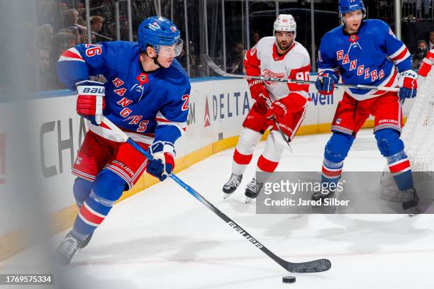 Jimmy Vesey of the New York Rangers skates with the puck against the Detroit Red Wings at Madison Square Garden on November 7, 2023 in New York City.