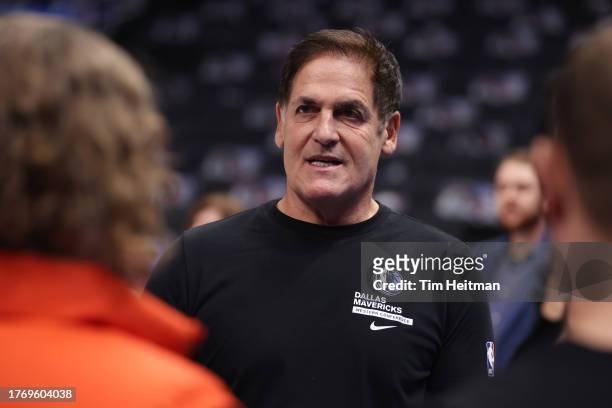 Mark Cuban, owner of the Dallas Mavericks, talks to reporters before the game against the Chicago Bulls at American Airlines Center on November 01,...