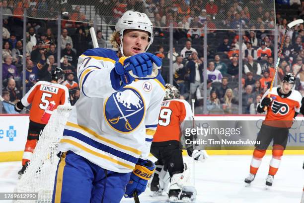 Casey Mittelstadt of the Buffalo Sabres reacts after scoring during the first period against the Philadelphia Flyers at the Wells Fargo Center on...