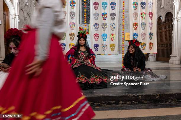 Traditional performers celebrate Día de los Muertos at Greenwood Cemetery in Brooklyn on November 01, 2023 in New York City. The holiday, which is...