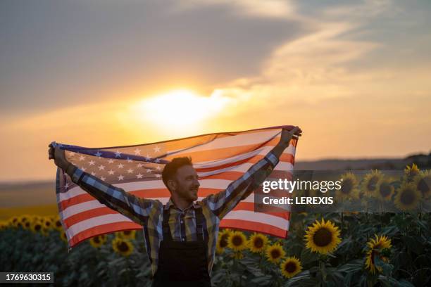 young farmer with american flag - lerexis stockfoto's en -beelden