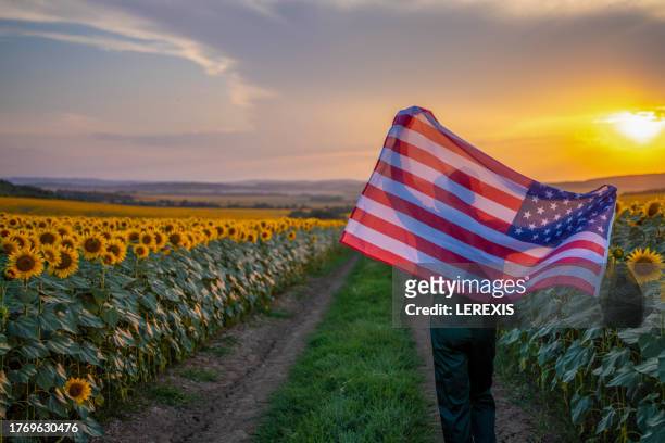 young american patriot holding an american flag - lerexis stockfoto's en -beelden