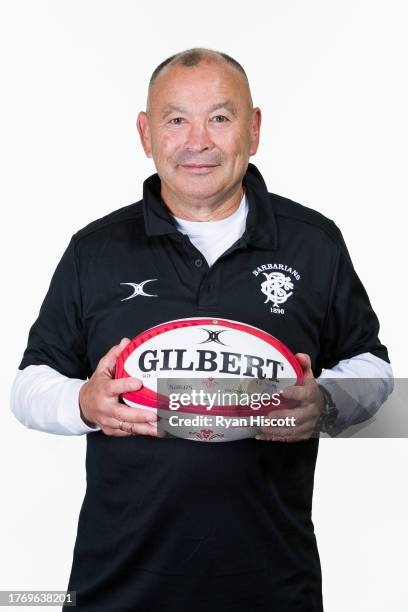 Eddie Jones, Coach of the Barbarians, poses for a portrait during the Barbarians squad photocall at Hilton Hotel Cardiff on October 31, 2023 in...