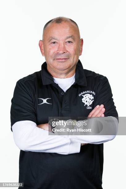 Eddie Jones, Coach of the Barbarians, poses for a portrait during the Barbarians squad photocall at Hilton Hotel Cardiff on October 31, 2023 in...
