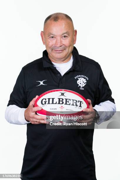 Eddie Jones, Coach of the Barbarians, poses for a portrait during the Barbarians squad photocall at Hilton Hotel Cardiff on October 31, 2023 in...