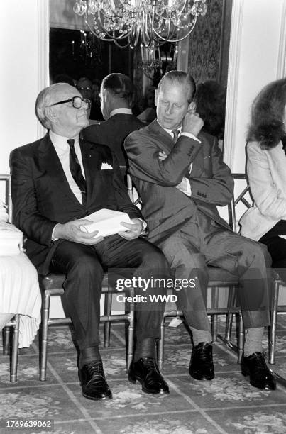 Armand Hammer and Prince Philip, Duke of Edinburgh, attend an event, presented by Shakespeare's Globe Foundation , at the Beverly Wilshire Hotel in...